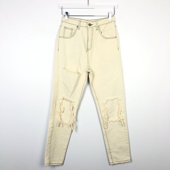 NWOT Unif Sz 25 Cream Off White High Waist Distressed Jeans Tapered Straight Leg - Picture 1 of 7